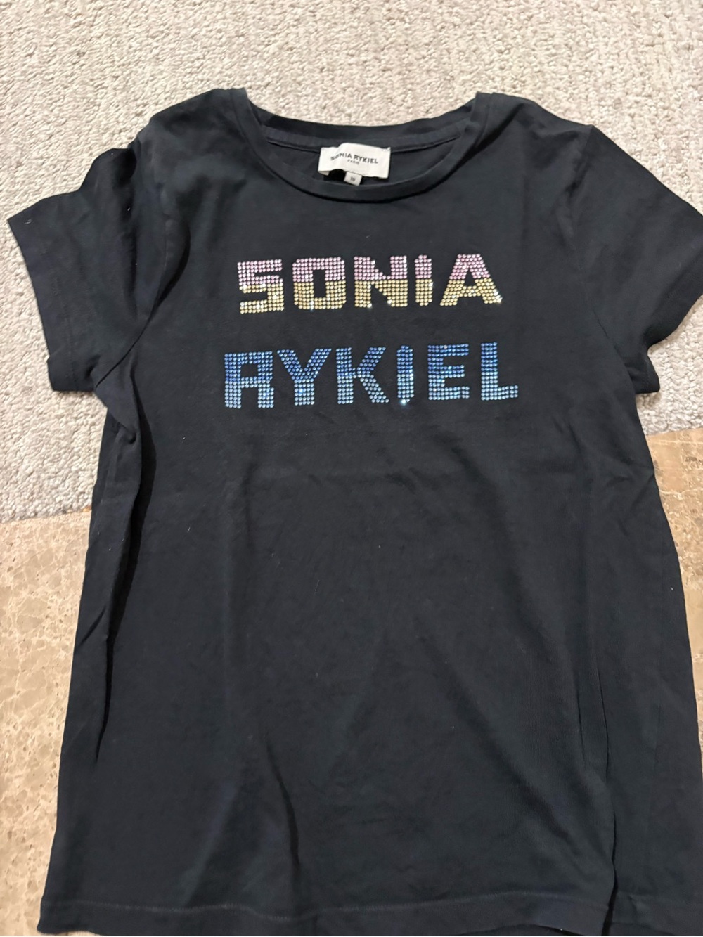 Sonia Rykiel Paris Black Tee with Multicolor Stud Logo